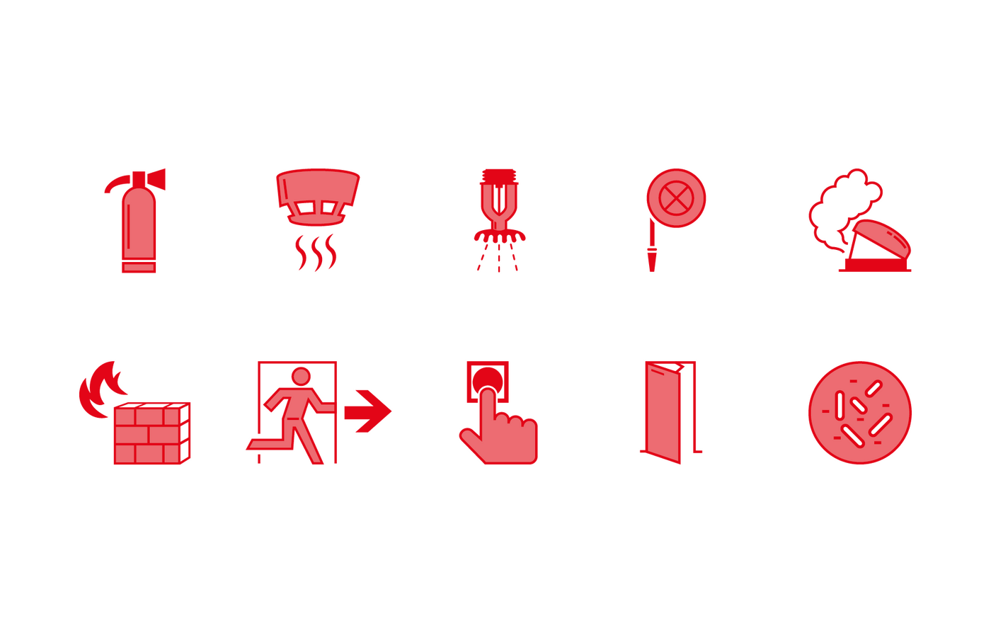 icon-set: Feuerlöscher, Rauchmelder, Sprinkler, Feuerwehrschlauch, RWA-Anlage, Brandschutztür etc.