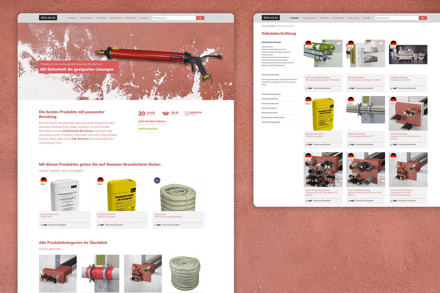 Desktop Version der Startseite und Produktkatalog Liste