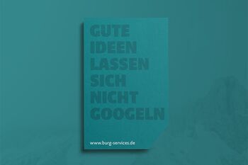 gestaltung Visitenkarte Vorderseite Werbeartikelhändler Claim: Gute Ideen lassen sich nicht google mit Webadresse