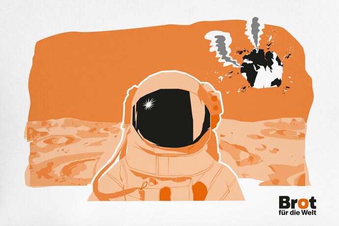 Illustration von einem Menschen auf dem Mond. Im Hintergrund liegt die Erde in Trümmern