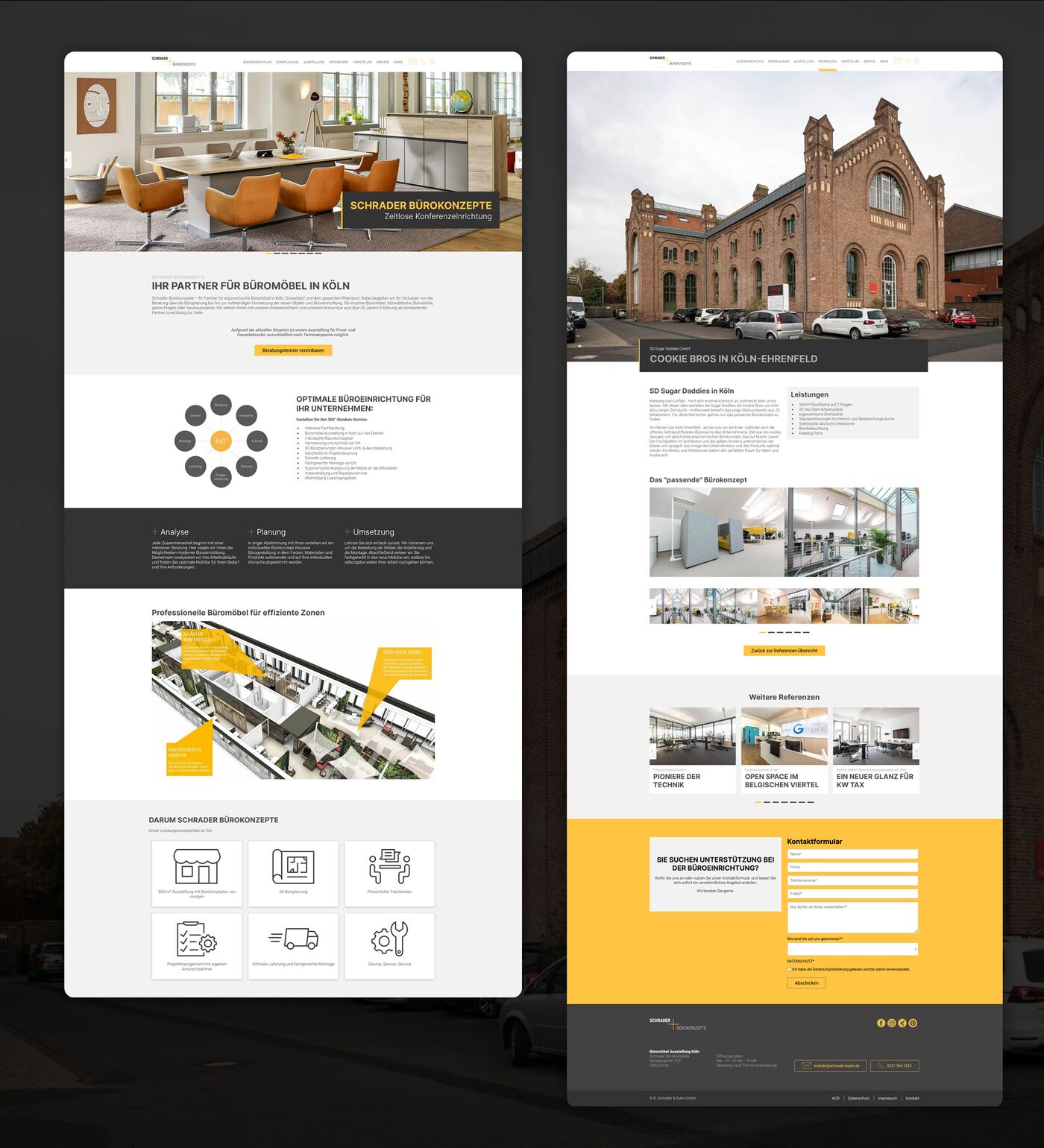 contao-update-webseite Aussenbild von einem laten Fabrikgebäude, Gallerie zeigt die Büroeinrichtung im Detail