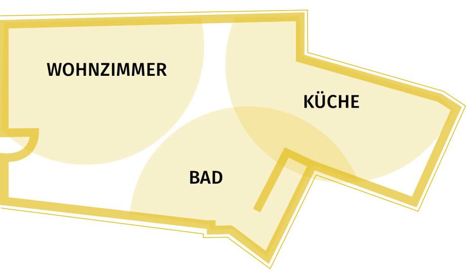 Raumskizze zeigt Aufteilung des Ladenlokals: Wohnzimmer, Bad, Küche
