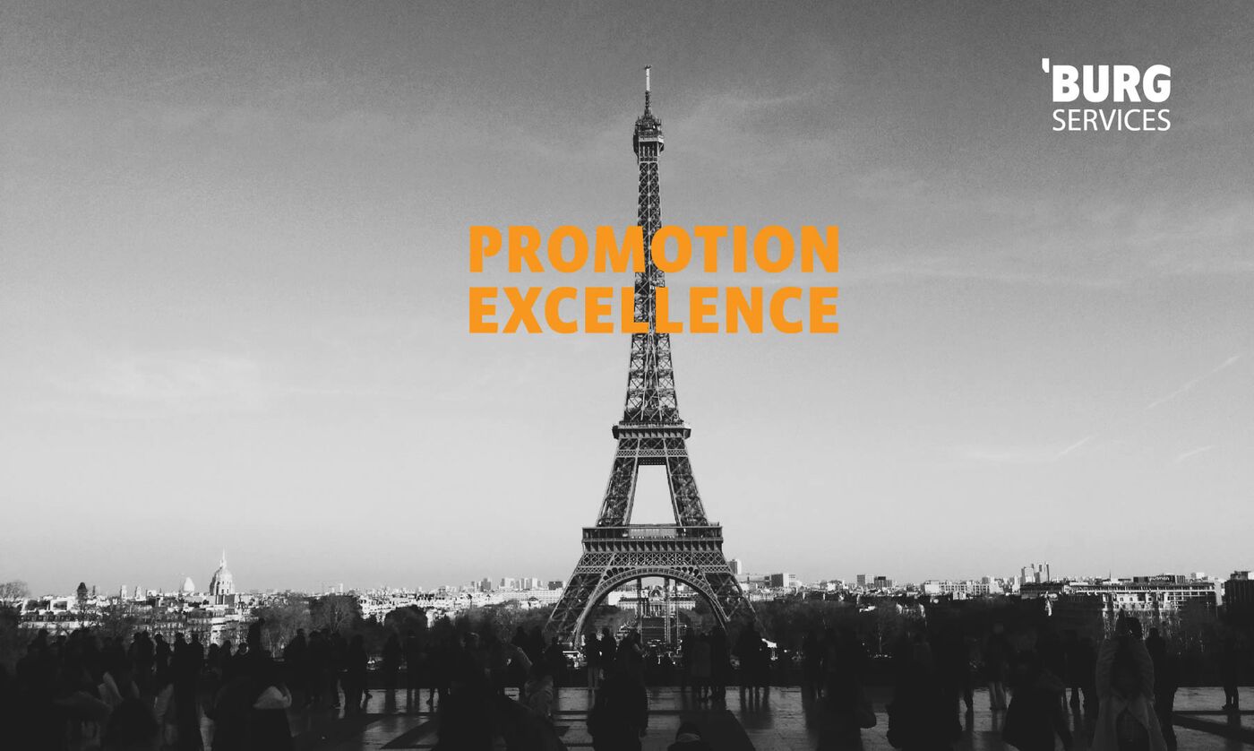 Entwicklung-keyvisual-markenrelaunch Pariser Eifelturm in schwarz weis drauf der Claim: Promotion Excellence