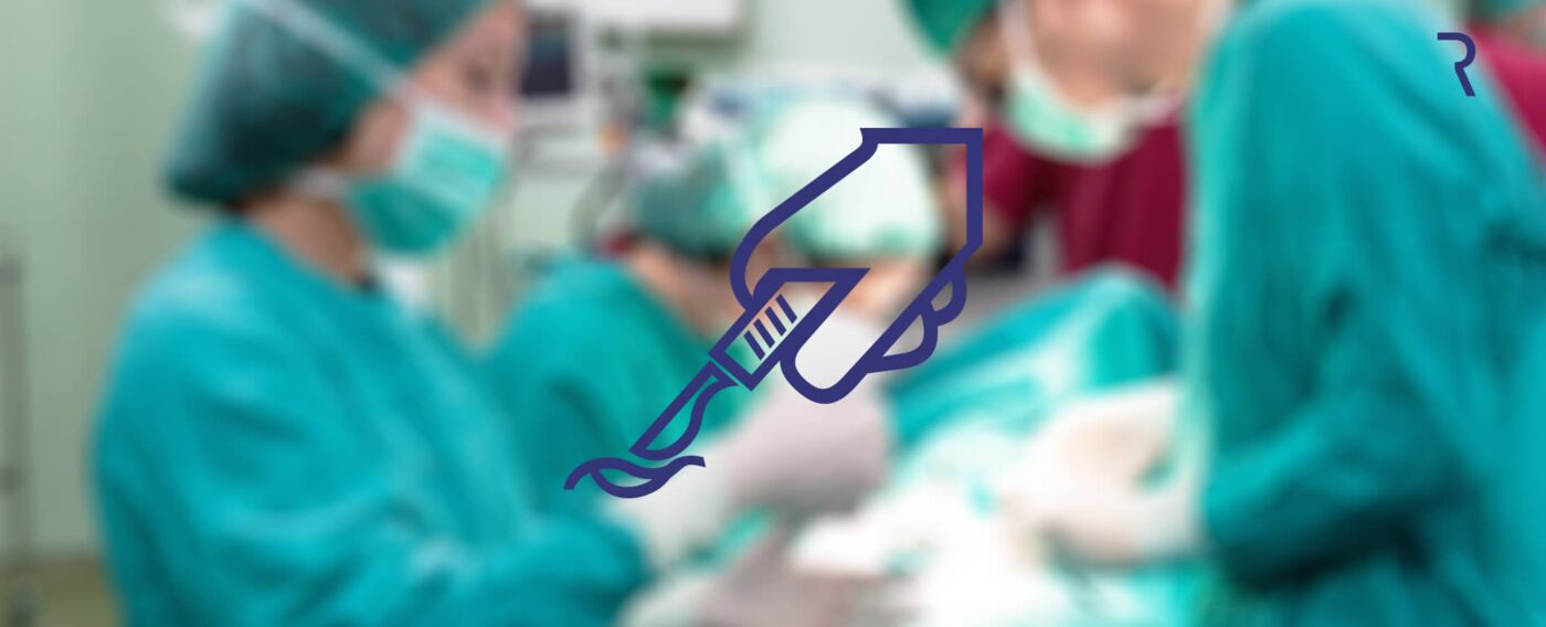 Vodergrund Icon Hand mit Messer, Hintergrund Ärzte bei einer Op