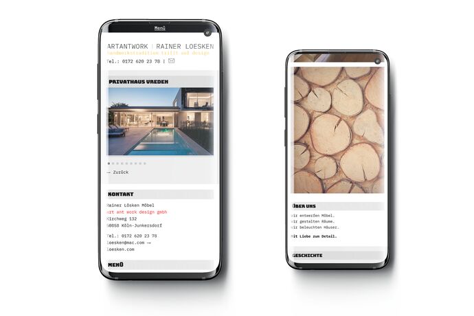 Referenzbilder von einem Haus mit moderner Inneneinrichtung zwei Screens von einem Handy
