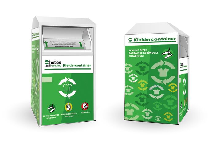 Grüpner Altkleidercontainer mit Recyclingzeichen