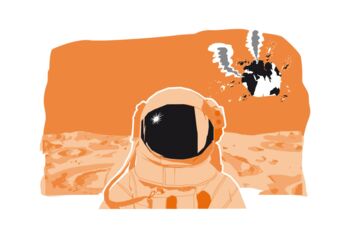Illustration von einem Menschen auf dem Mond. Im Hintergrund liegt die Erde in Trümmern