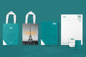 markenrelaunch-printmedien Briefpapier, Visitenkarte, Notizbuch, Stofftasche