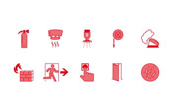 icon-set: Feuerlöscher, Rauchmelder, Sprinkler, Feuerwehrschlauch, RWA-Anlage, Brandschutztür etc.