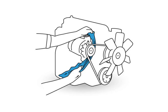 Grafik zeigt Motorblock der mit einem Putzlappen von einer Person gereinigt wird._______