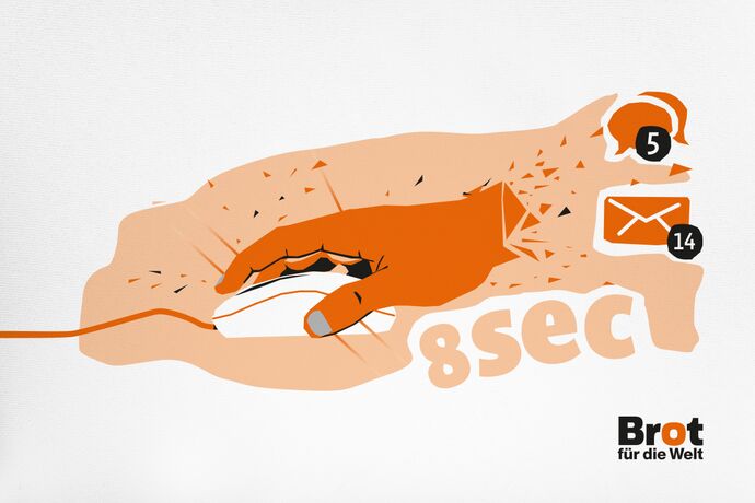 Illustration: Hand klickt auf eine Computermaus darunter steht 8 sec, Icon einer Mail