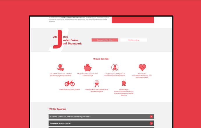 Benefits für die Mitarbeiter mit Icons: Jobrad, betriebliche Altersvorsorge, Firmenfeste etc.