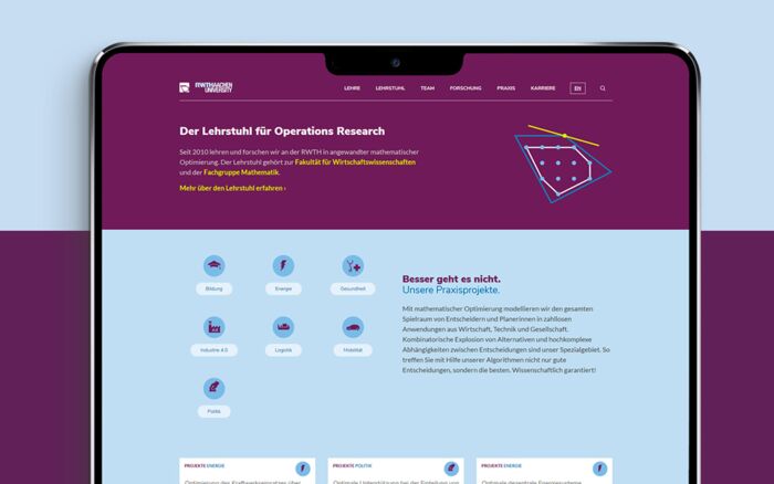 screen-design der Startseite Icons zu den Leistungen und den Projekten des Lehrstuhls für Opertations Research