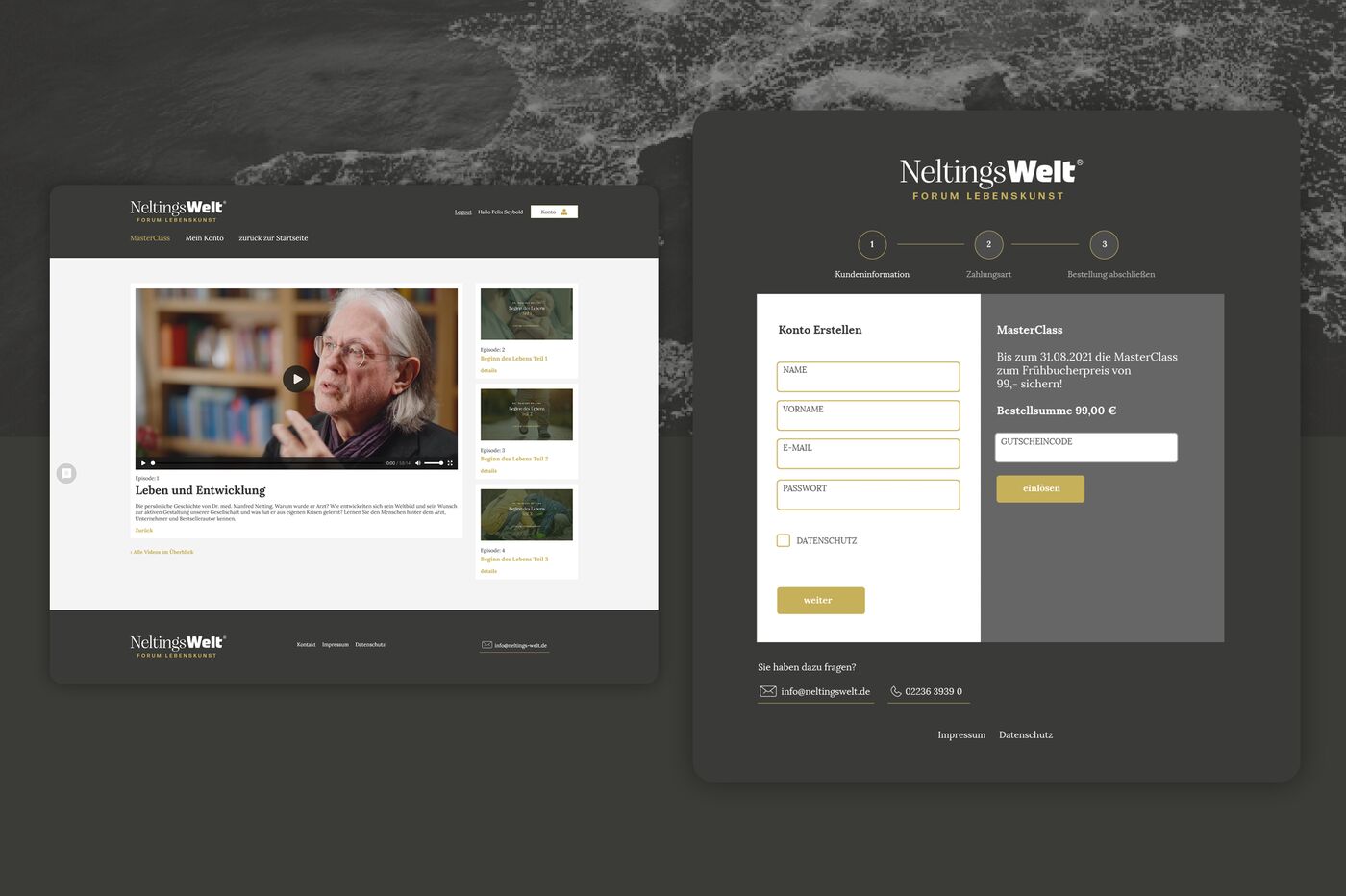 Screen mit Videoseite der Masterclass zu dem Thema Leben und Entwicklung und Login Maske