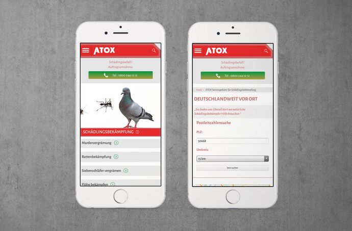 Bild zeigt zwei Smartphones mit der mobilen Ansicht der Webseite: Standortkarte und Detailseite Tabeunbekämpfung