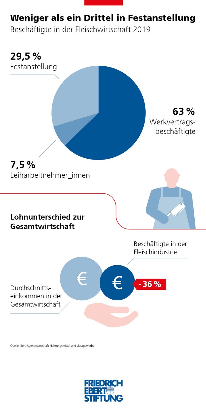 Infografik zeigt die Beschäftigung in der Fleischindustrie: Durchschnittseinkommen und  Werkverträge in Prozent