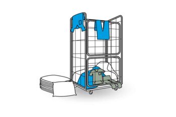 Grafik zeigt  Altkleidern aus einem Krankenhaus in einem Rollwagen