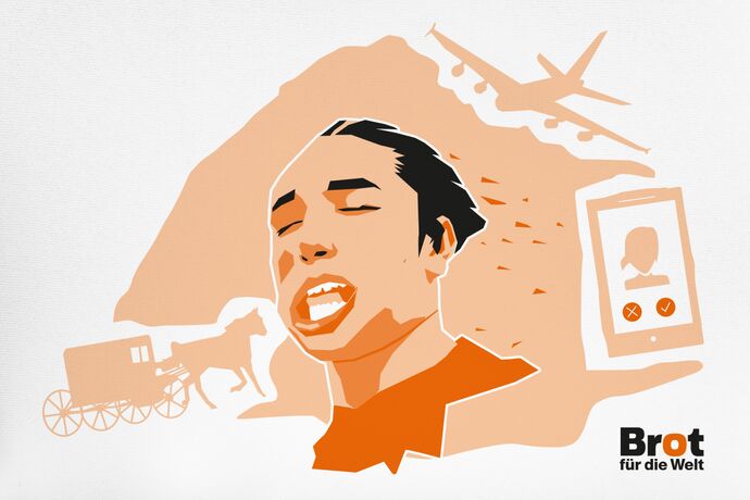 Grafik zeigt Gesicht in der Bewegung im Hintergrund eine Flugzeug und eine Pferdekutsche