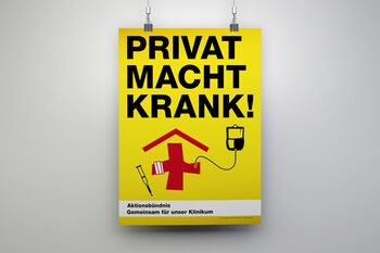 Gelbes Plakat mit rotem Krankenhaus Icon am Topf