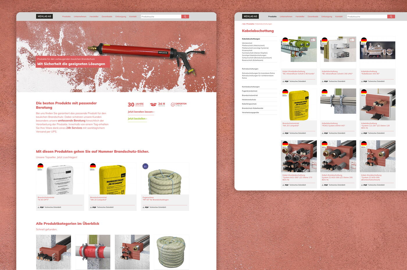 Desktop Version der Startseite und Produktkatalog Liste