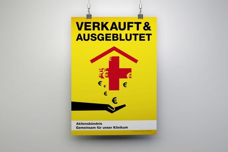 Gelbes Plakat mit rotem Krankenhaus Zeichen das in Euro-Zeichen verfällt
