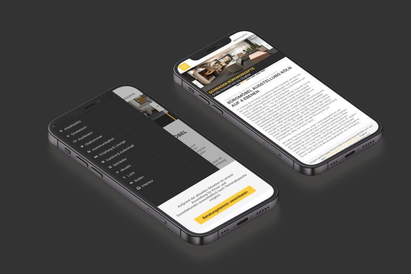 redesign-webseite mobile Ansicht, Zwei Smartphones mit Screens der Webseite, Links offene Navigation rechts Startseite mit Bild-Slider