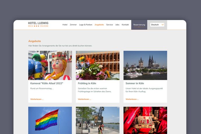 Screenshot Übernachtungsangebote des Hotels, Karneval, Frühling in Köln, Sommerangebot